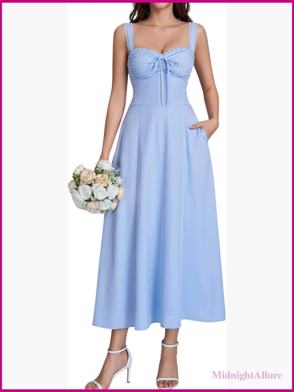 Corset Lace Up Flowy Midi Dress with Pockets A-Line Bridal Shower